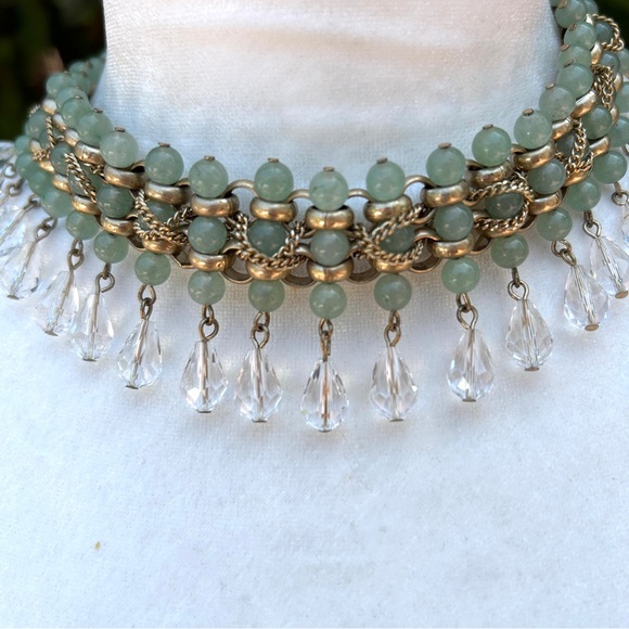 Vintage Statement Choker Necklace Faux Green Agate Celadon Gold-Toned Layered - Picture 3 of 13